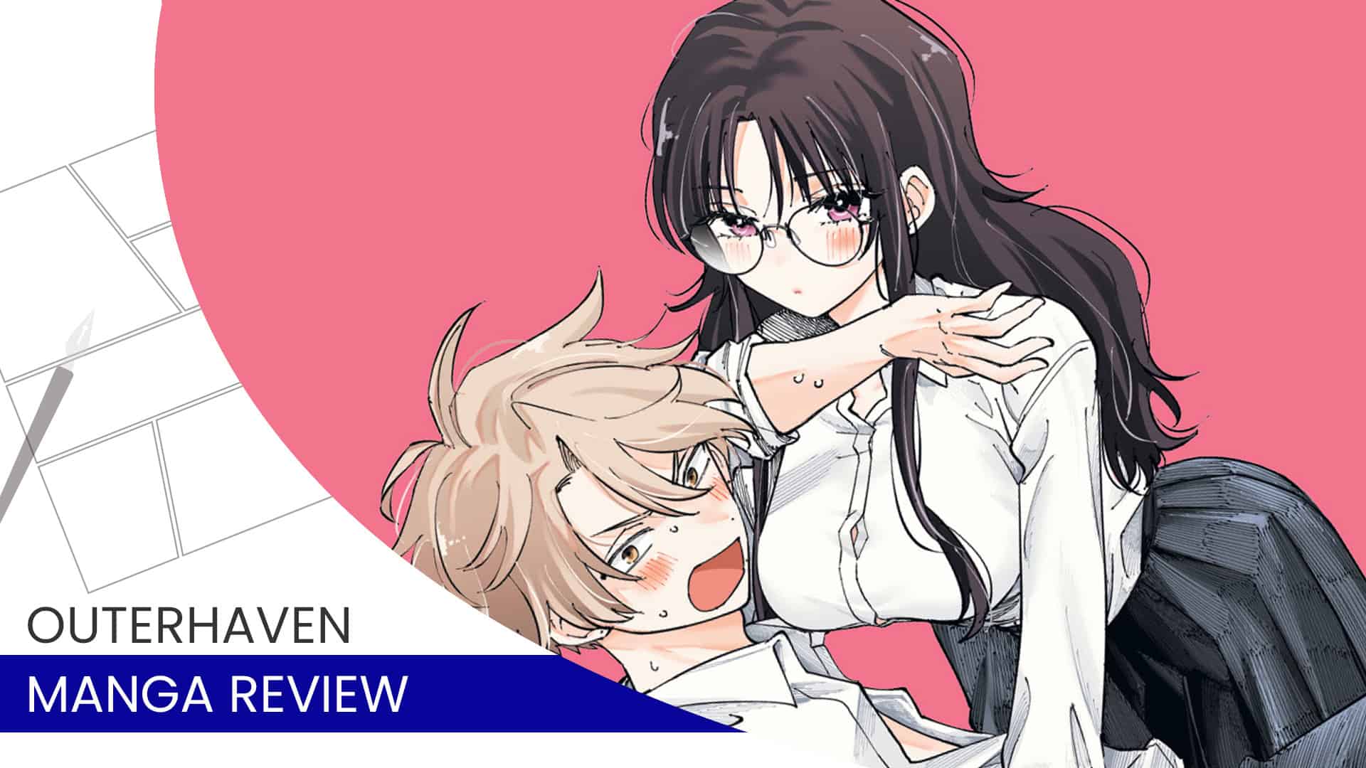the mortifying ordeal | The Outerhaven Anime-style cover: a girl with long dark hair and glasses hugs a blushing blond boy against a pink background with a white banner saying 'Outerhaven Manga Review'.