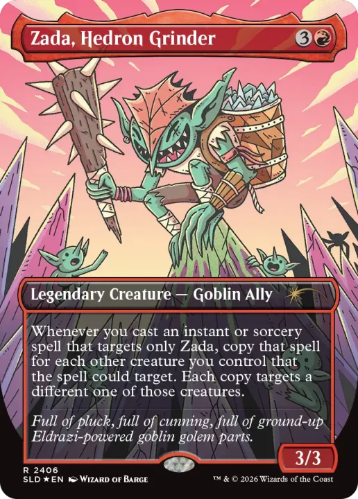 0dtp9uayAz | The Outerhaven Zada, Hedron Grinder — legendary Goblin Ally (3/3) card featuring a goblin with a spiked club and a strapped barrel among pink crystal scenery; ability copies targeted instants or sorceries.