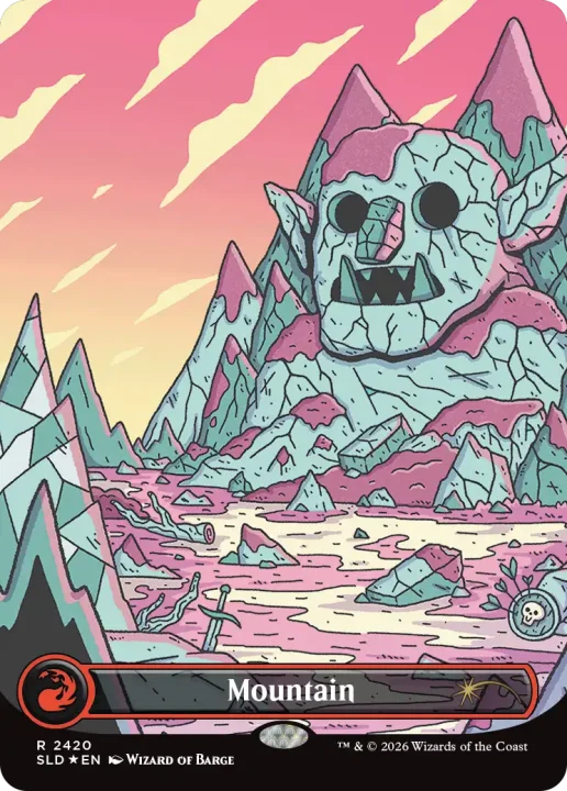 170kQJ7JJv | The Outerhaven Colorful fantasy landscape with a giant crystal mountain that has a face, under a pink sunset; a game card labeled 'Mountain'