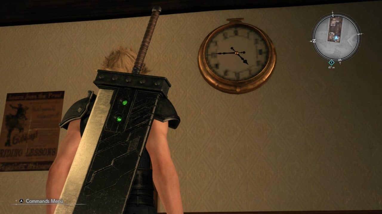 20260530184315-01KSXASSATDR57SZESH429P595 | The Outerhaven Character seen from behind holding a large sword in a room with a round wall clock and mini-map UI on the upper-right corner.