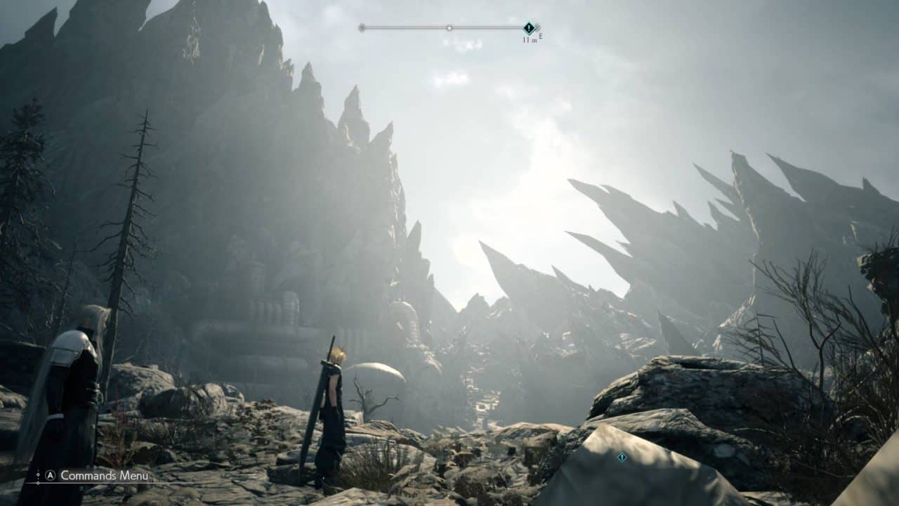 20260530184356-01KS6TZMC6ASPB806V1Z5FSHT9 | The Outerhaven Snowy, jagged canyon with fractured rock formations; two armored figures stand among rocks and snow as bright light fills the sky behind them.