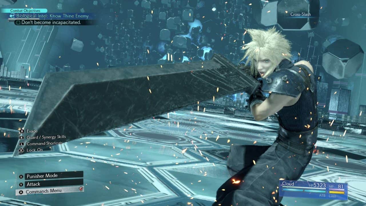 20260531195728-01KT07AAYMQC8SA7KA2QHFBA9S | The Outerhaven Cloud Strife wields a giant sword in a high-tech arena, sparks fly as he attacks; on-screen prompts read Punisher Mode, Attack, and Commands Menu with HUD elements visible