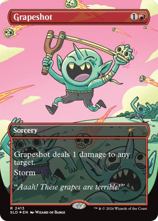7lKOMK61gf | The Outerhaven Magic: The Gathering Grapeshot card featuring a goblin with a slingshot, firing flaming projectiles across a pink sky; card text reads 'Grapeshot deals 1 damage to any target. Storm'