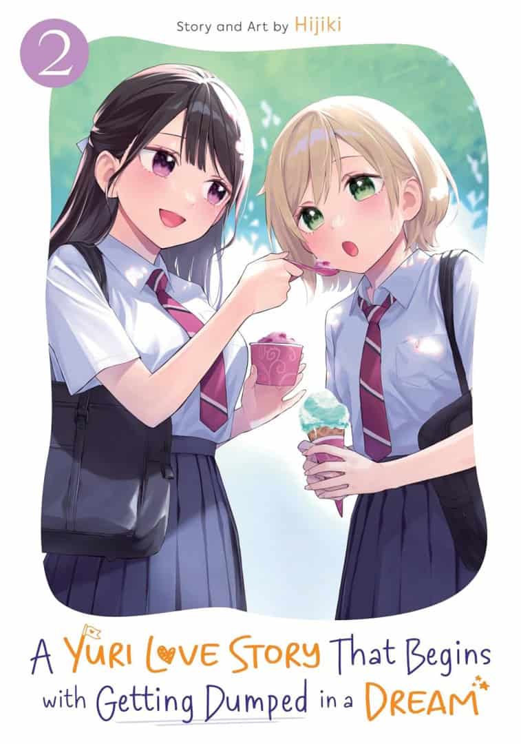 Two schoolgirls in uniforms share colorful ice cream under a curved frame, smiling at each other.