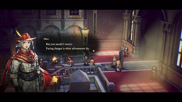 AdventuresofElliotThrone | The Outerhaven Dialogue scene: Elliot speaks in a medieval cathedral-like hall; a small party of pixel-art adventurers stands on a balcony as the large hero with a red hat looms left.