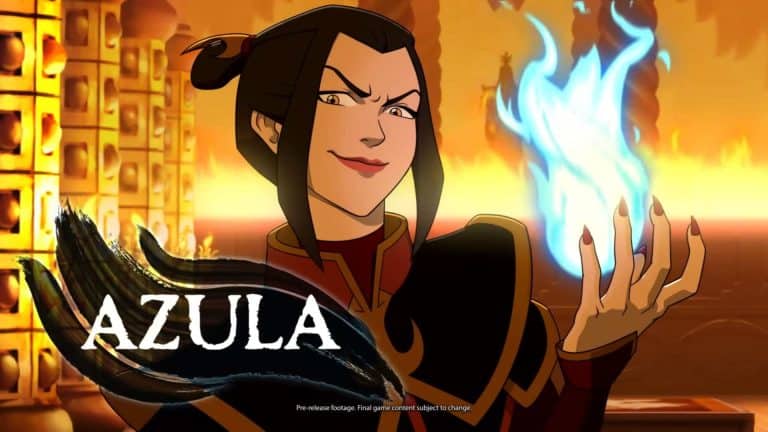 Avatar Legends_ The Fighting Game - Azula Trailer _ Avatar 0-7 screenshot 1 | The Outerhaven Azula, an animated woman in a black and orange uniform, raises a blue flame in front of a glowing golden wall.