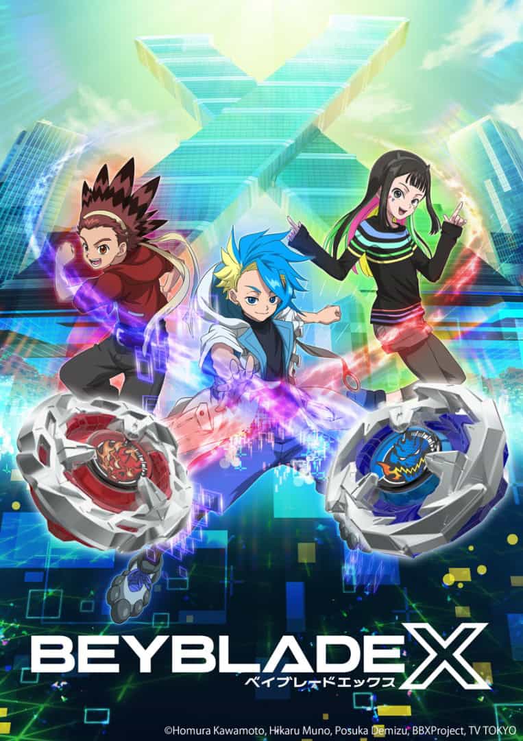 BEYBLADE X KV | The Outerhaven Beyblade X cover art showing three young fighters leaping forward with two spinning tops in a vibrant neon background, BEYBLADE X text at the bottom.