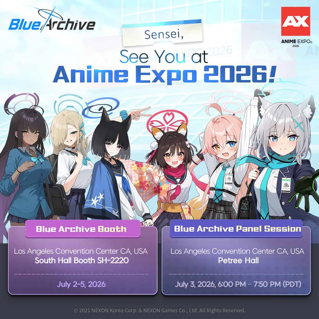 Blue Archive Anime Expo | The Outerhaven Promotional banner for Anime Expo 2026 with six anime-style characters and Blue Archive branding.
