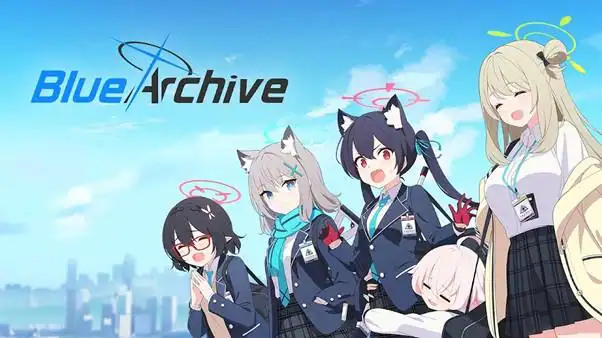 Blue Archive | The Outerhaven Blue Archive logo with a group of cheerful schoolgirls in uniform posing outdoors; anime style characters with halos/auras.