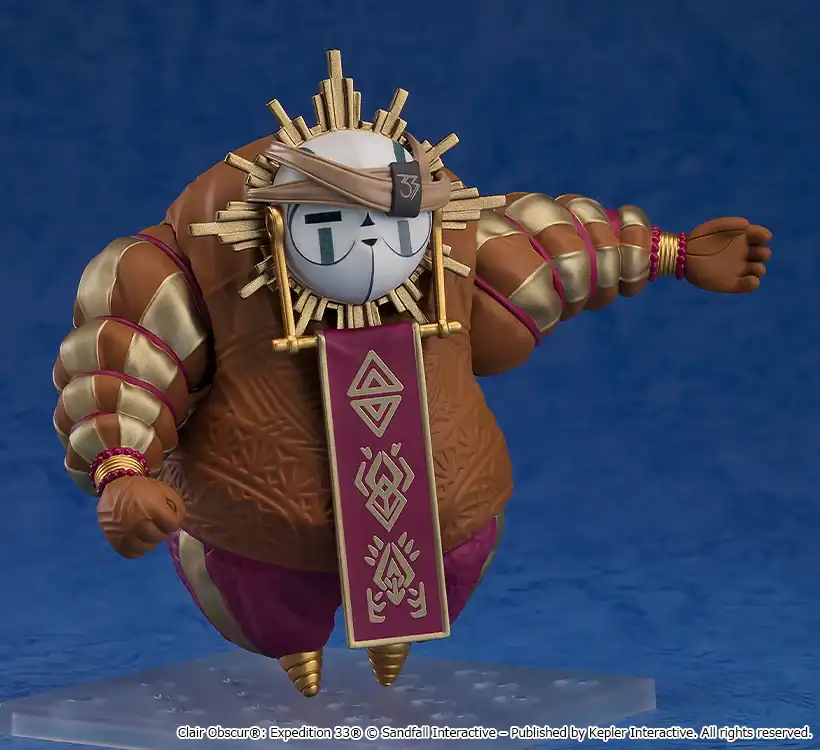 Plastic figurine of a sun-themed armored character with a clock-face head and purple banner, posed mid-air on a clear display stand.