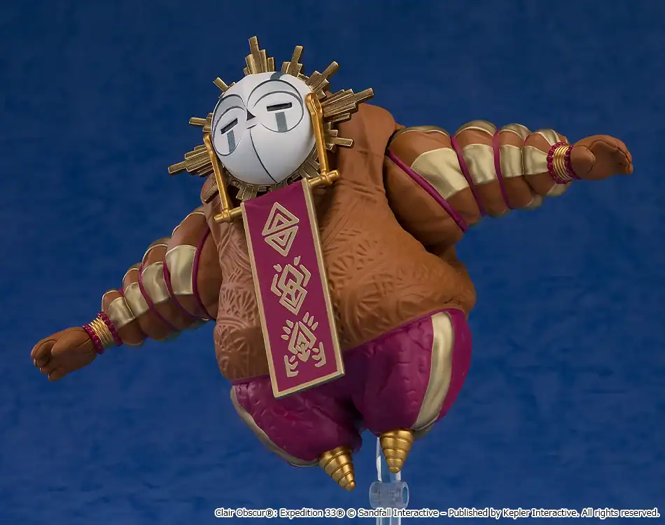 Orange armored figure with a gold sunburst headpiece, purple sash, and magenta shorts against a blue background.