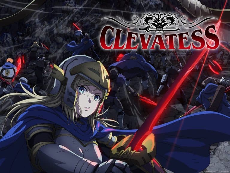Clevatess 2 | The Outerhaven Foreground armored female warrior with blue cape and helmet ready to strike a glowing red blade amid a chaotic battle; CLEVATESS logo overhead.