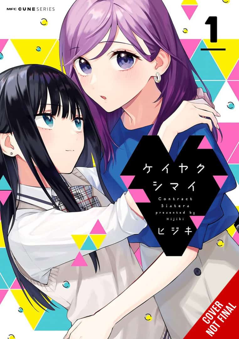 Contract Sister Vol 1 | The Outerhaven Manga cover featuring two girls embracing: one with purple hair and blue eyes, the other with black hair, against a bright geometric backdrop with a black hexagon title area.