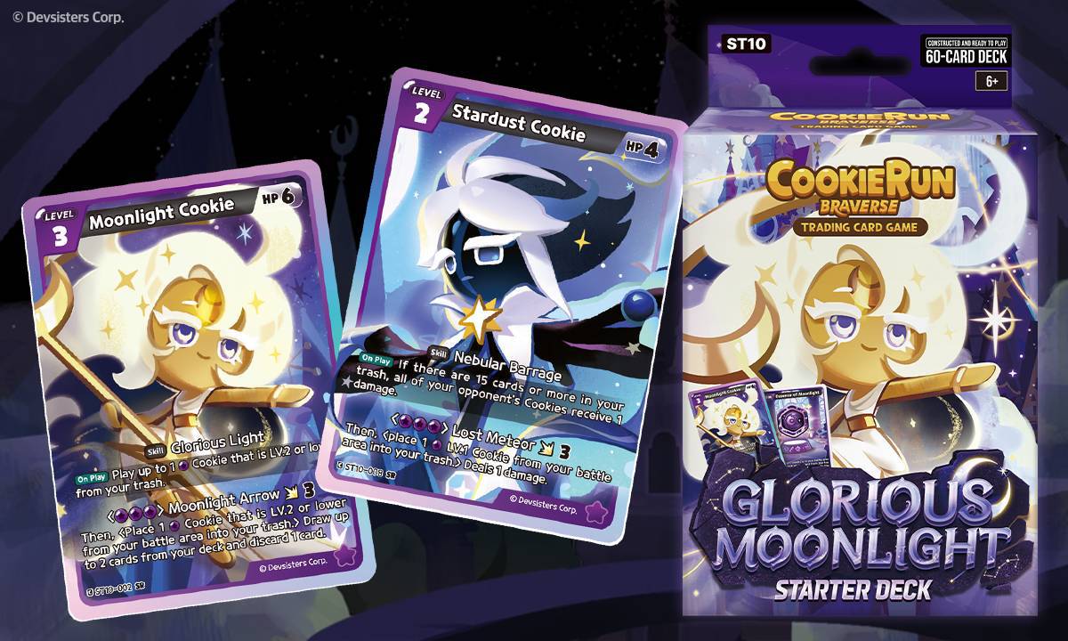 CookieRun Braverse TCG_st10 | The Outerhaven Three Cookie Run: Bravese starter cards—Moonlight Cookie and Stardust Cookie—alongside the Glorious Moonlight Starter Deck box in purple packaging