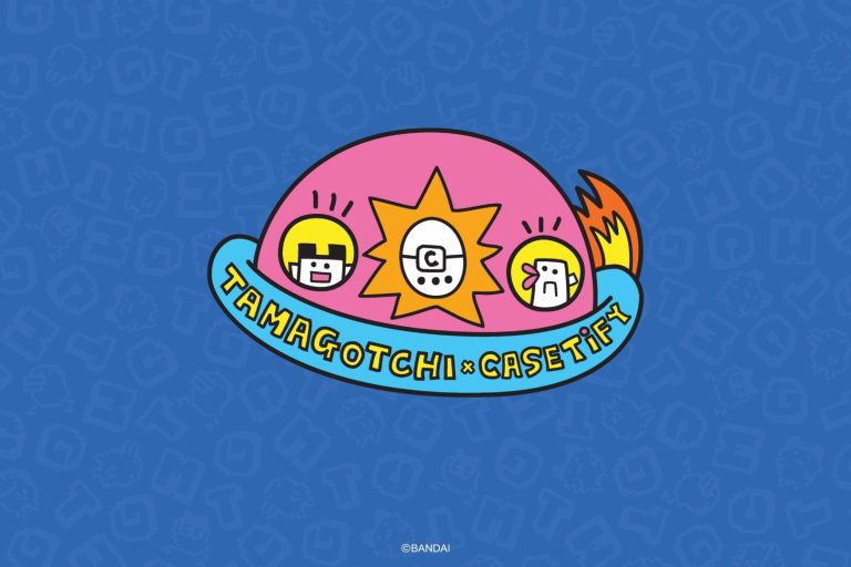 Tamagotchi | The Outerhaven Logo for Tamagotchi × Casetify: pink capsule with three cartoon faces and a sun, blue ribbon with the text, on a blue patterned background.