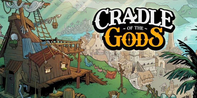Cradle of the Gods_3 | The Outerhaven Colorful cartoon cover art for 'Cradle of the Gods' showing a coastal hillside village with wooden buildings, ropes, and a large bold logo.