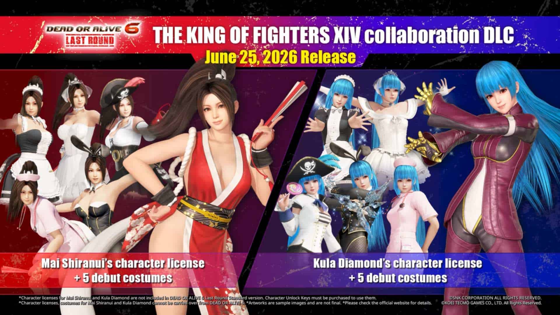 DEAD OR ALIVE 6 Last Round × THE KING OF FIGHTERS XIV Collaboration Trailer 1-8 screenshot | The Outerhaven Promotional banner for Dead or Alive 6 Last Round The King of Fighters XIV collaboration DLC with release date June 25, 2026, featuring female fighters in colorful costumes.