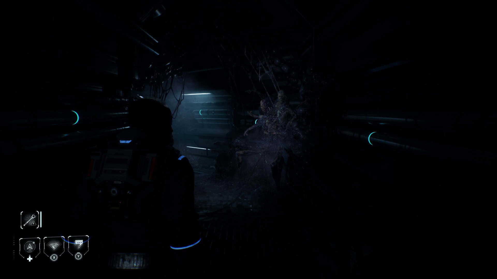Directive 8020 Atmosphere | The Outerhaven Dark sci-fi corridor with a silhouette of a player facing a writhing alien creature in dim blue lighting, HUD icons visible bottom-left.