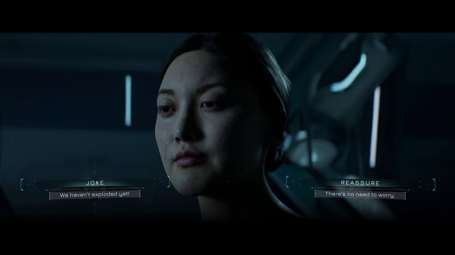 Directive 8020 Choices | The Outerhaven Close-up of a woman in a dim, futuristic cockpit with on-screen dialogue:'JOKE: We haven't exploded yet' and 'REASSURE: There's no need to worry.'