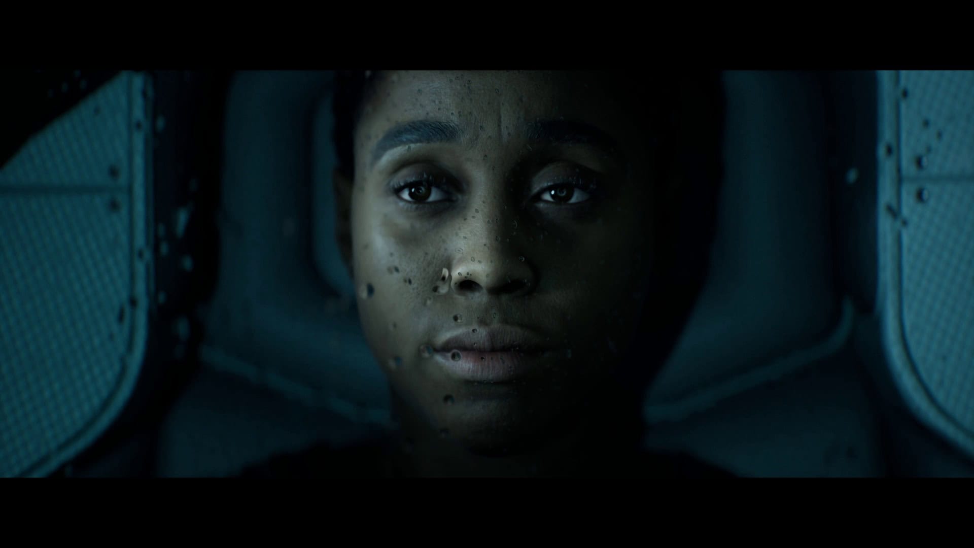Deep Space Sci-Fi Horror Scene | The Outerhaven Directive 8020 Close Up - Woman in a spaceship with a worried expression, sci-fi horror atmosphere.