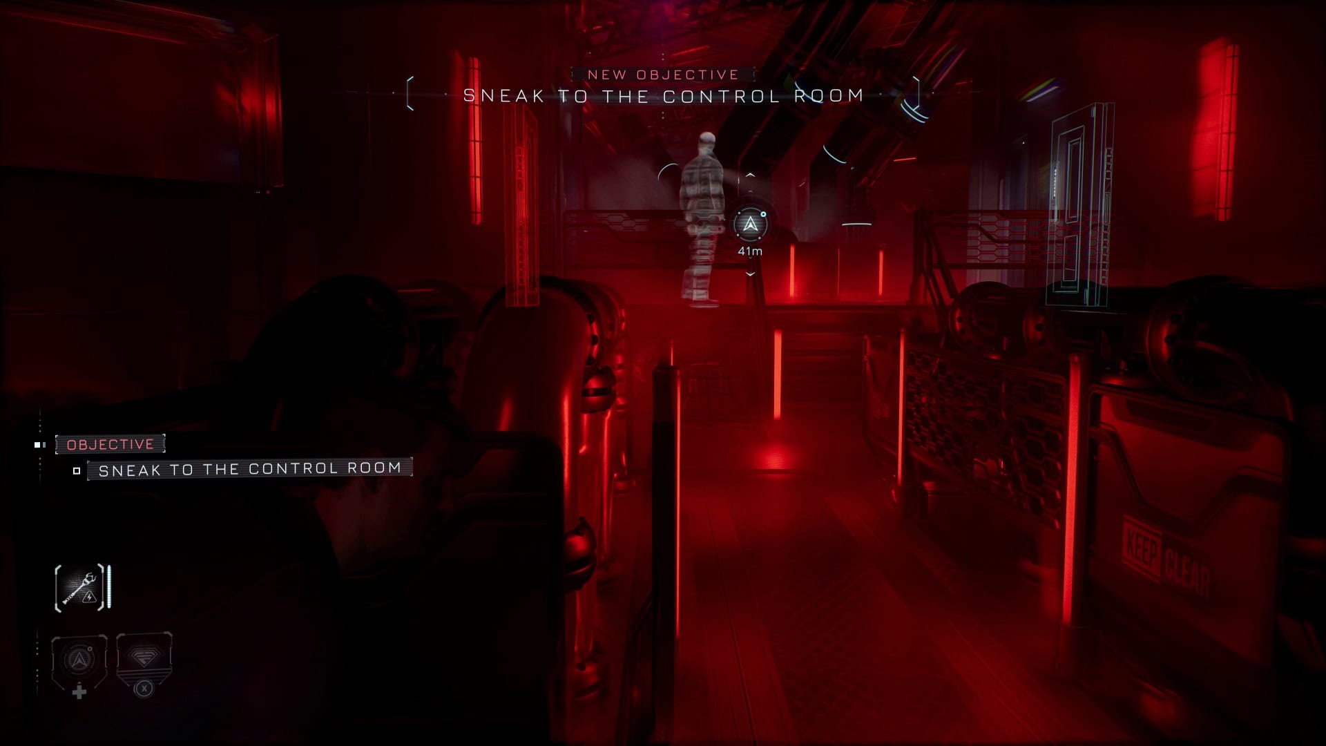 Directive 8020 Stealth | The Outerhaven Red-lit futuristic control room with holographic UI displaying the objective: “Sneak to the control room.”