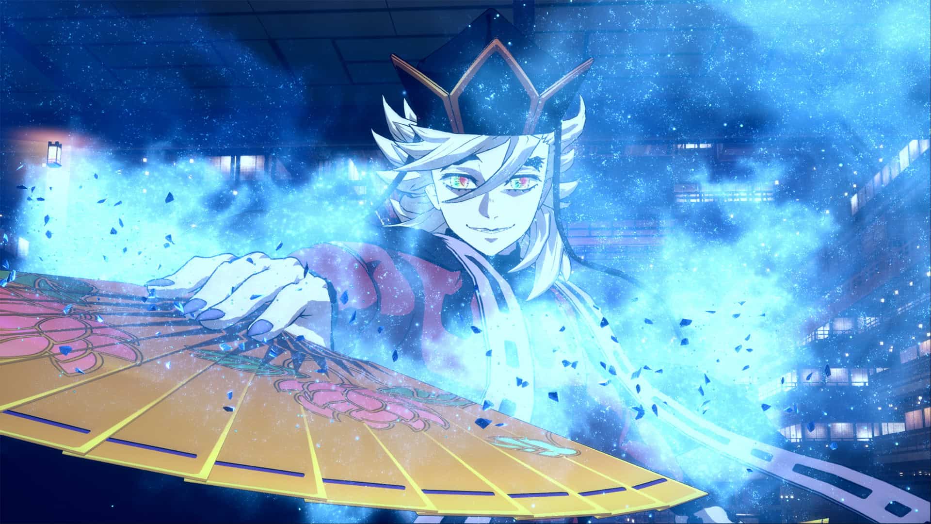 Anime character with white hair and a crown unleashing a blue energy aura from a glowing yellow circular arena.