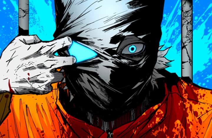 FOG LAND | The Outerhaven Comic-style character in an orange jumpsuit pulls a black mask aside to reveal a blue eye.