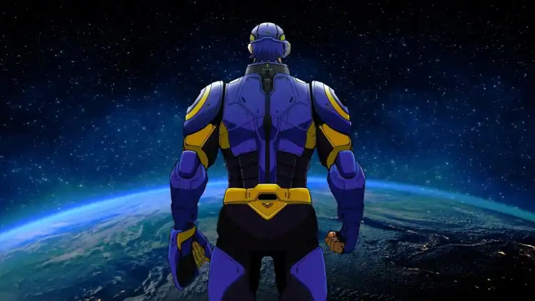 GalaXic-Baseball-League | The Outerhaven Back view of a blue-and-yellow armored superhero standing in space, overlooking Earth below.