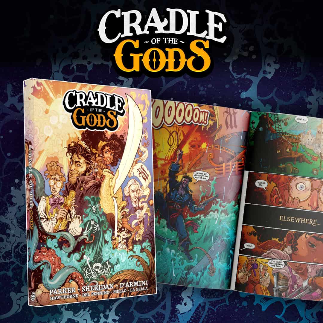 GoD_Ad_with_book_1080_1080 | The Outerhaven Cover of a comic book titled Cradle of the Gods, showing a man with a large curved blade amid fantastical creatures.