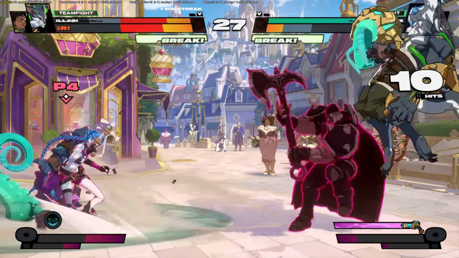 How to Teamfight _ New Fuse Season 2 - 2XKO Dev Update 0-13 screenshot | The Outerhaven Two fighters clash in a vibrant city street arena; health bars and a 'BREAK!' prompt at top, 10 hits on the right side.