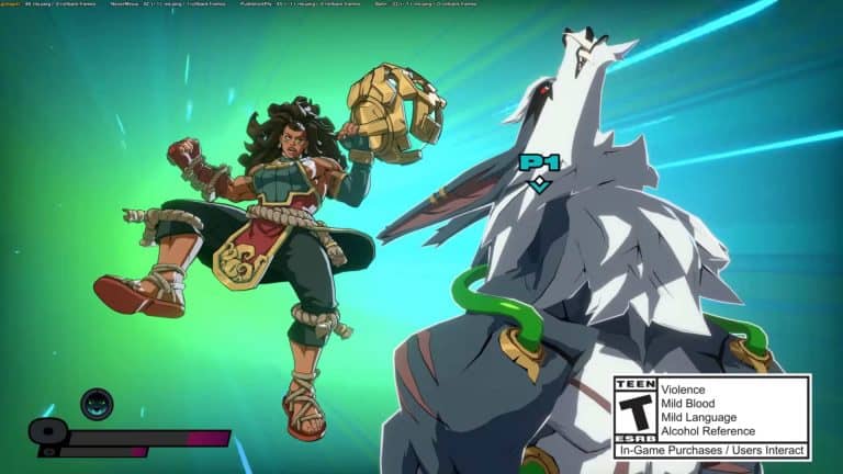 How to Teamfight _ New Fuse Season 2 - 2XKO Dev Update 0-3 screenshot | The Outerhaven A muscular female fighter swings a large gauntlet at a towering armored foe in a vibrant green-blue battle scene, P-1 badge visible on the foe's chest.