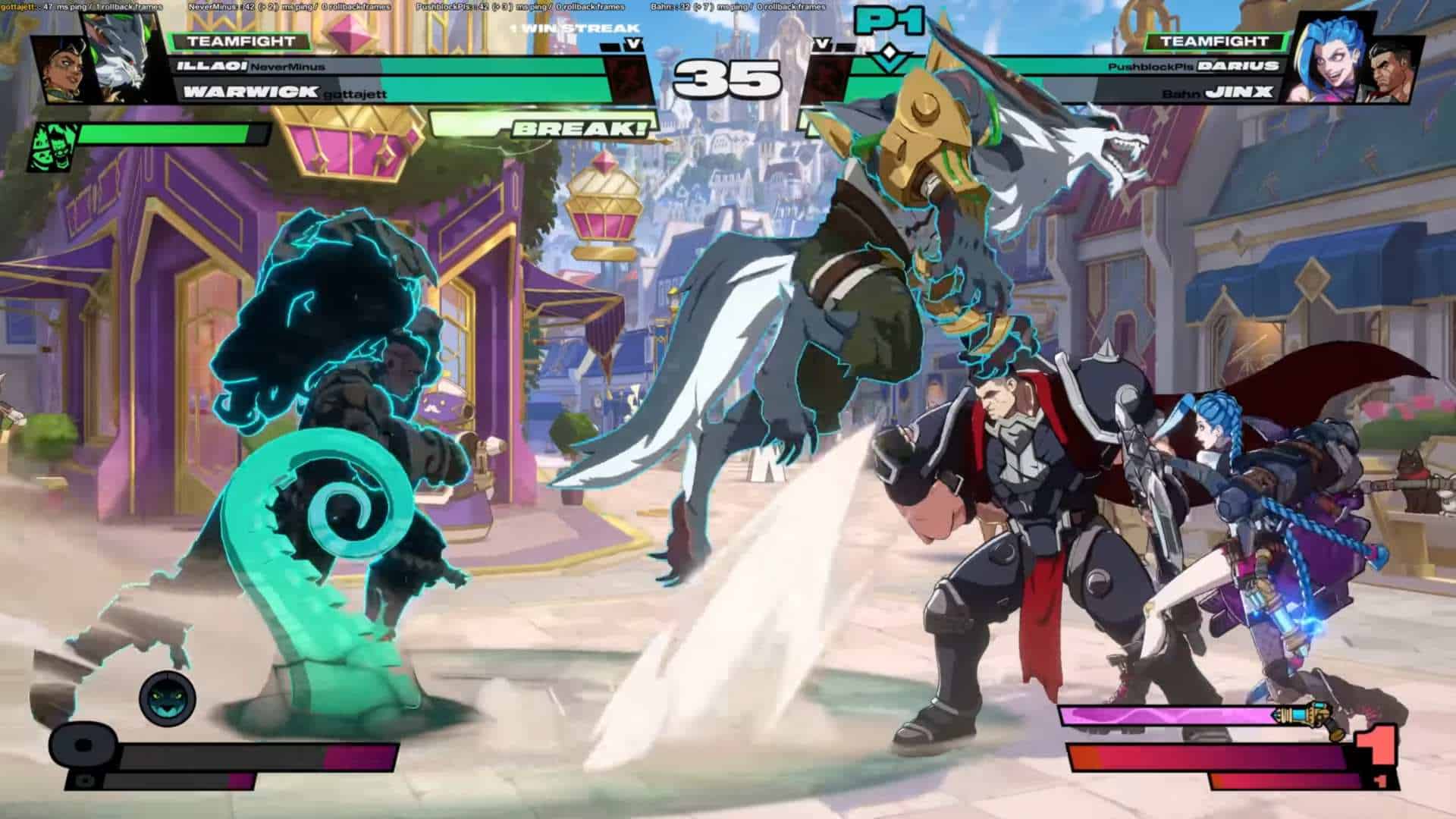How to Teamfight _ New Fuse Season 2 - 2XKO Dev Update 0-4 screenshot | The Outerhaven Colorful arcade-fighting game scene: two teams clash in a sunny city street, with health bars and a timer visible at the top; a large blue-glowing opponent on the left charges forward while armored fighters and teammates engage on the right.