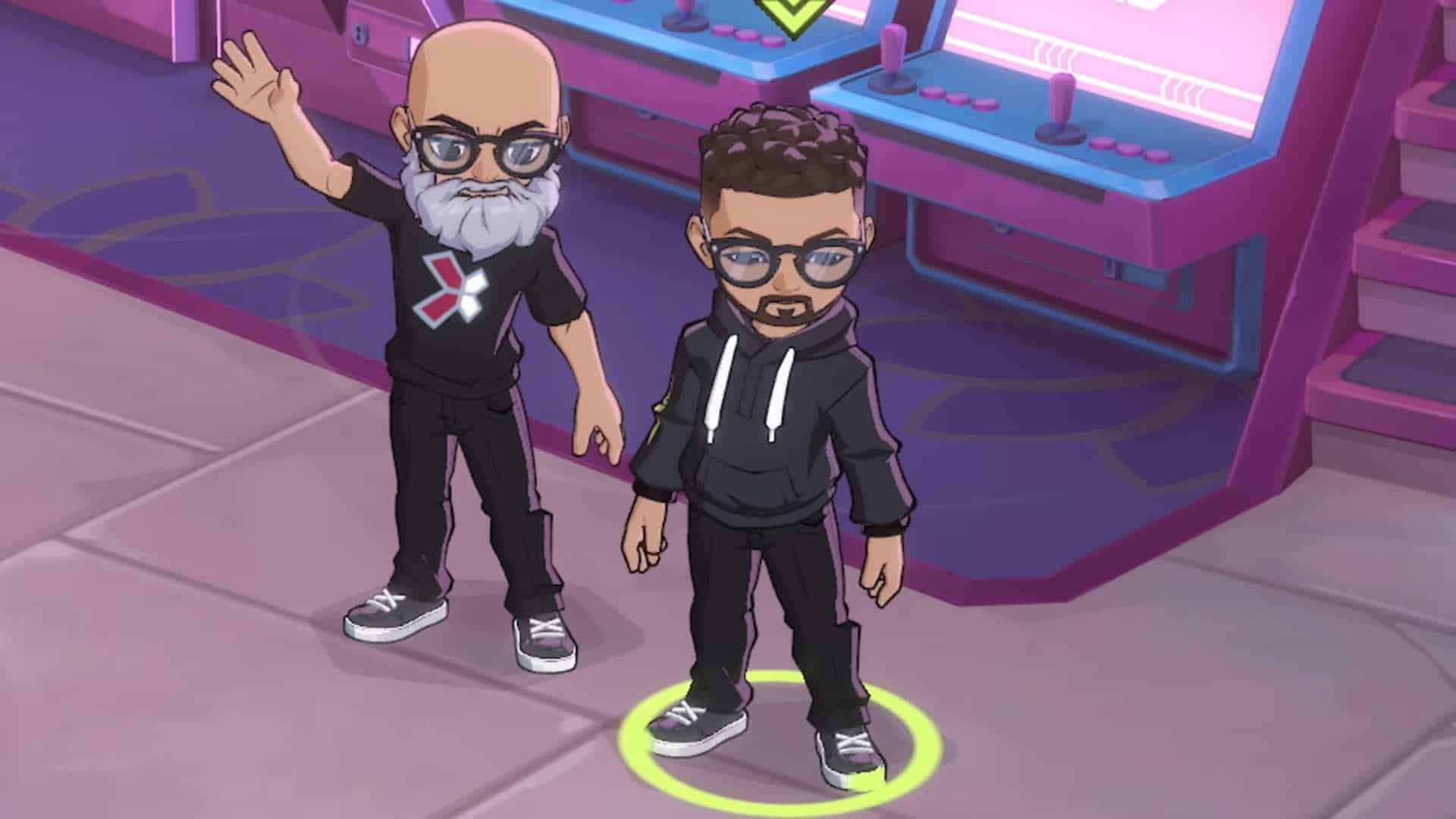 How to Teamfight _ New Fuse Season 2 - 2XKO Dev Update 2-15 screenshot | The Outerhaven Two cartoon men with glasses in a neon arcade; one waves, the other stands nearby.
