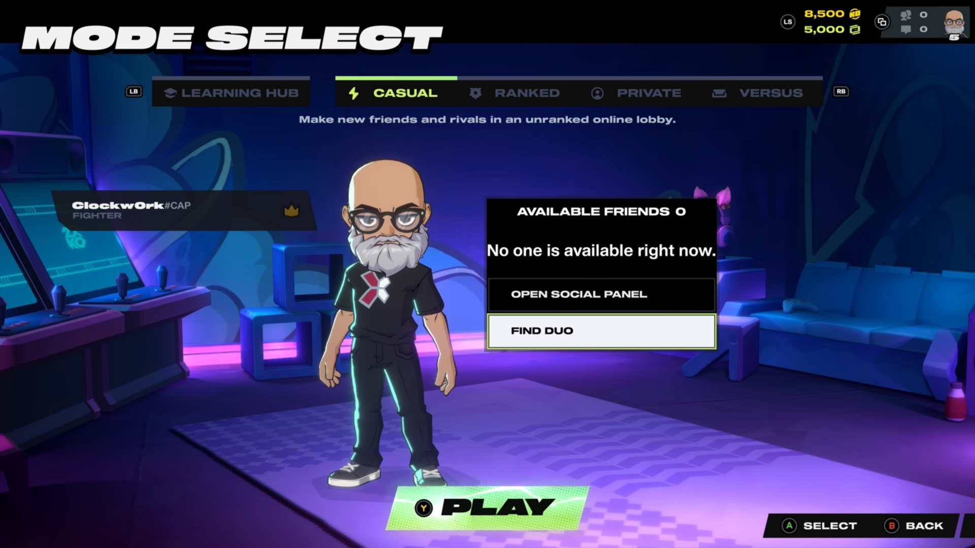 How to Teamfight _ New Fuse Season 2 - 2XKO Dev Update 2-2 screenshot | The Outerhaven Video game lobby scene with a bearded cartoon avatar standing on a neon stage, 'Mode Select' header and a black dialog showing 'Available Friends 0' and 'No one is available right now' with 'Open Social Panel' and 'Find Duo' options.
