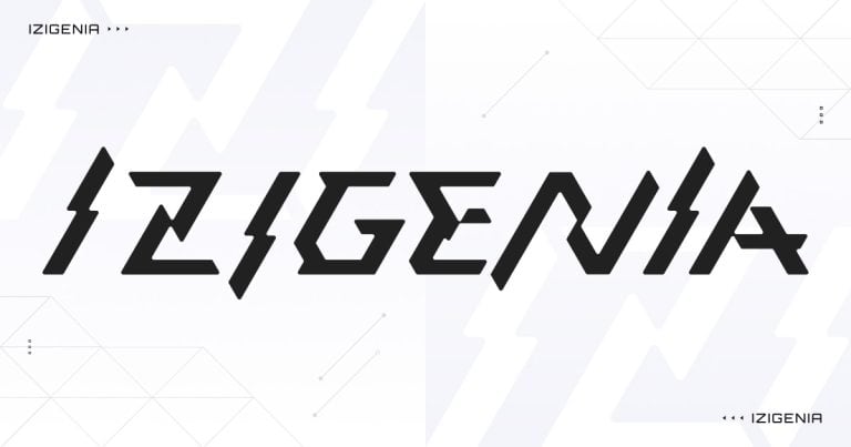 IZIGENIA | The Outerhaven IZIGENIA brand logo in bold, angular letters on a pale geometric background.