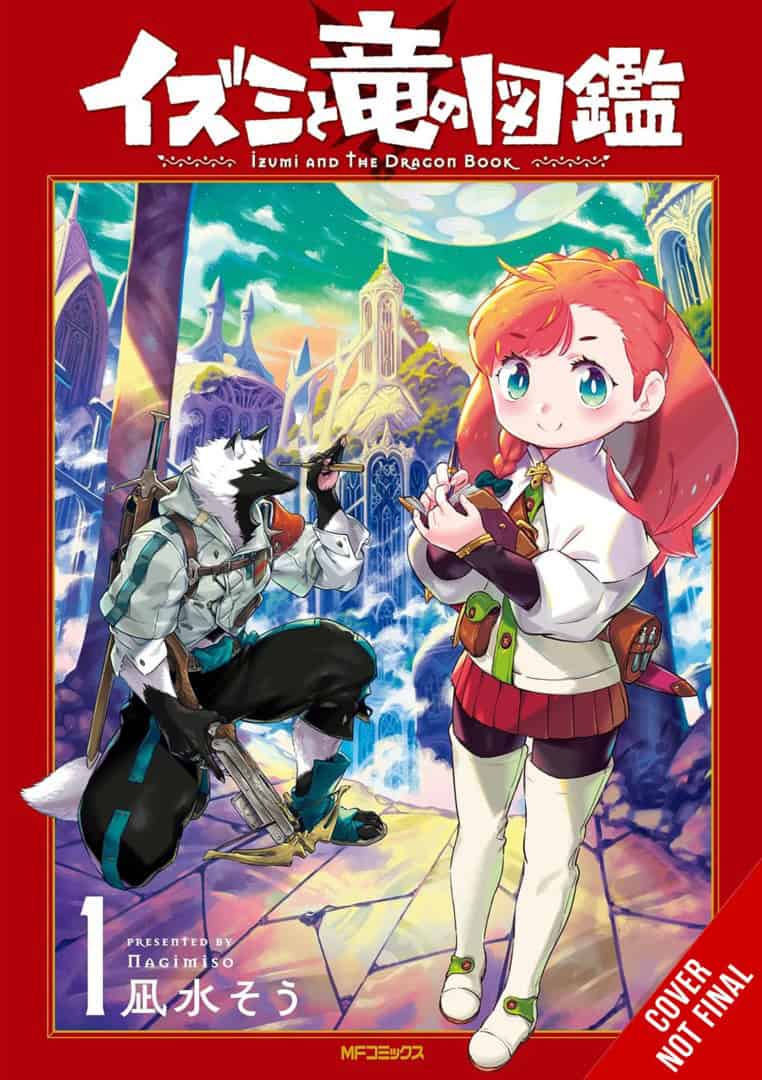 Izumi and the Dragon Encyclopedia Vol 1 | The Outerhaven Manga cover for Izumi and the Dragon Book: a cheerful girl with red hair in a fantasy cityscape, paired with a wolf-like warrior, framed by a red border.