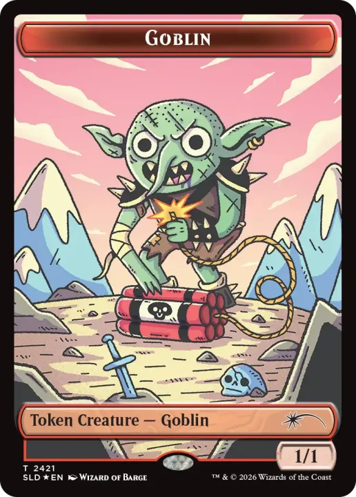 JXy3FKbpav | The Outerhaven Cartoon goblin on a lit fuse device in a rocky, icy landscape; a fantasy card scene showing a goblin token creature.