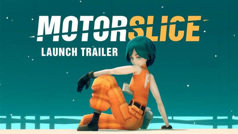 Motorslice launch trailer | The Outerhaven MotorSlice launch trailer banner showing a teal-haired character in an orange outfit sitting on a teal backdrop.