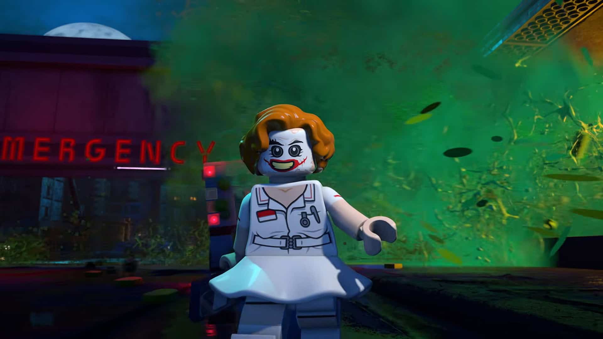 LEGO® Batman™_ Legacy of the Dark Knight Official Launch Trailer 2-20 screenshot | The Outerhaven LEGO minifigure in a nurse outfit with orange hair and clown makeup stands in green smoke near an emergency sign.
