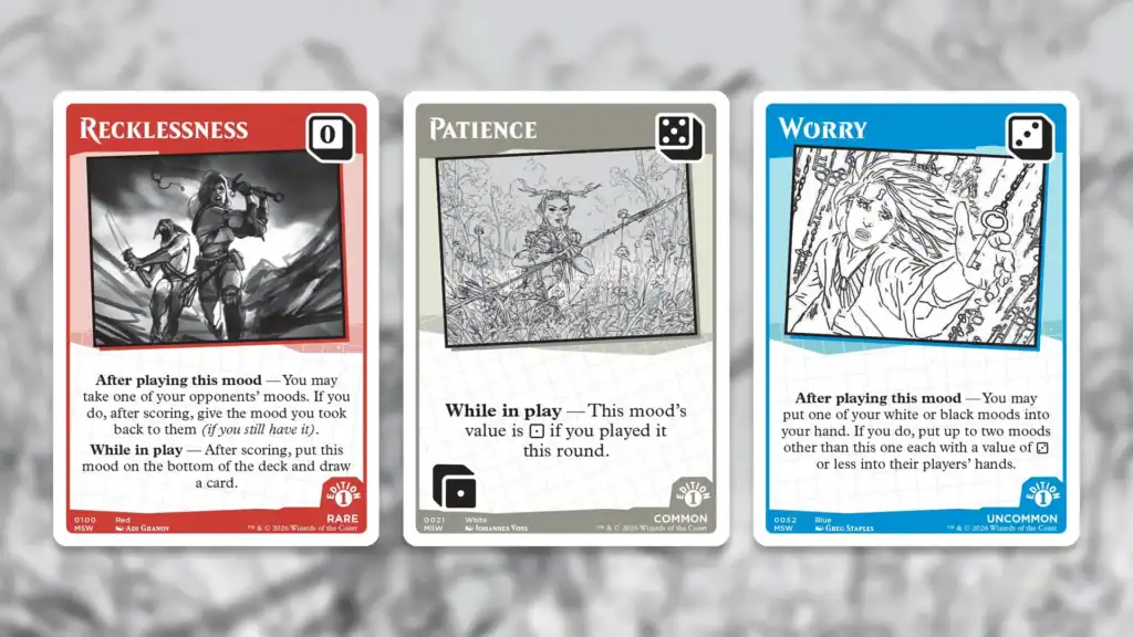 Three mood cards from a game: Recklessness (red), Patience (gray), and Worry (blue) with illustrated scenes.