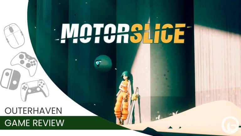 Motorslice Review | The Outerhaven Banner for a game review titled 'Outerhaven Game Review' with an anime-style character standing by green panels and a white curved decorative shape on the left.