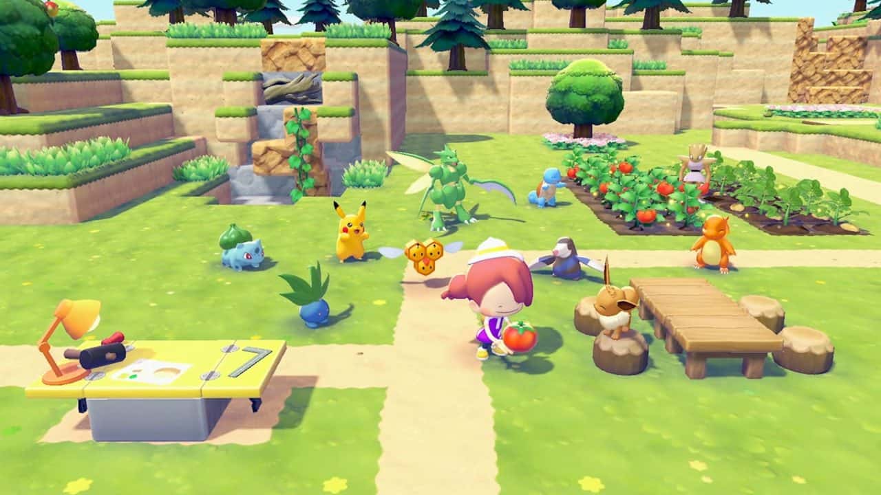 Pokemon-Pokopia | The Outerhaven Bright cartoon farm scene with Pokémon-like characters tending a garden and playing near a small wooden bridge in a terraced landscape close-up