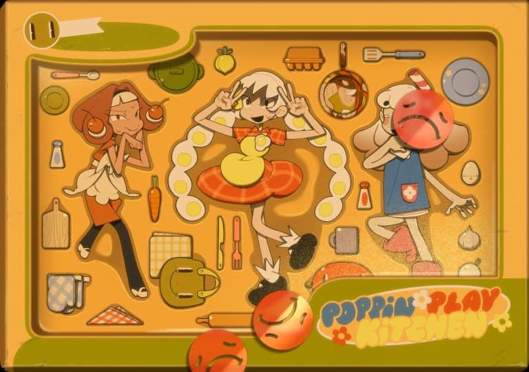 Post_Pilot_PROMO_V1_Glow | The Outerhaven Three cartoon girls on a yellow cooking playset surrounded by utensils and fake food items when playing.