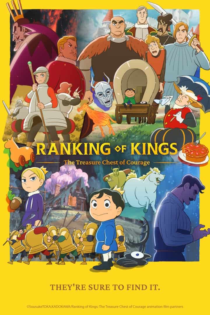 Ranking of Kings | The Outerhaven Colorful poster for Ranking of Kings: The Treasure Chest of Courage, with many fantasy characters gathered around a chest and a boy in blue in the foreground.