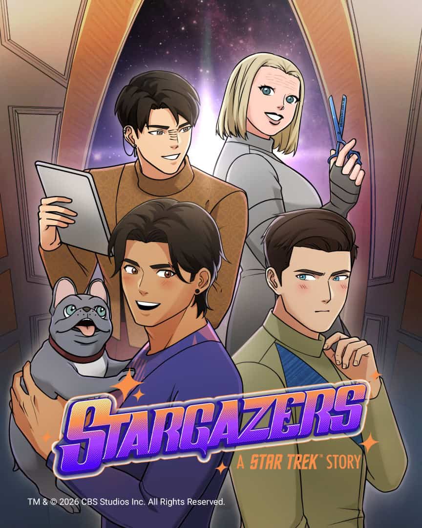 STDSN-cover-art-flatten-logo | The Outerhaven Poster for StarGazers: A Star Trek Story with four people and a dog posing in a sci-fi hallway with a starry background and a purple title banner at the bottom.