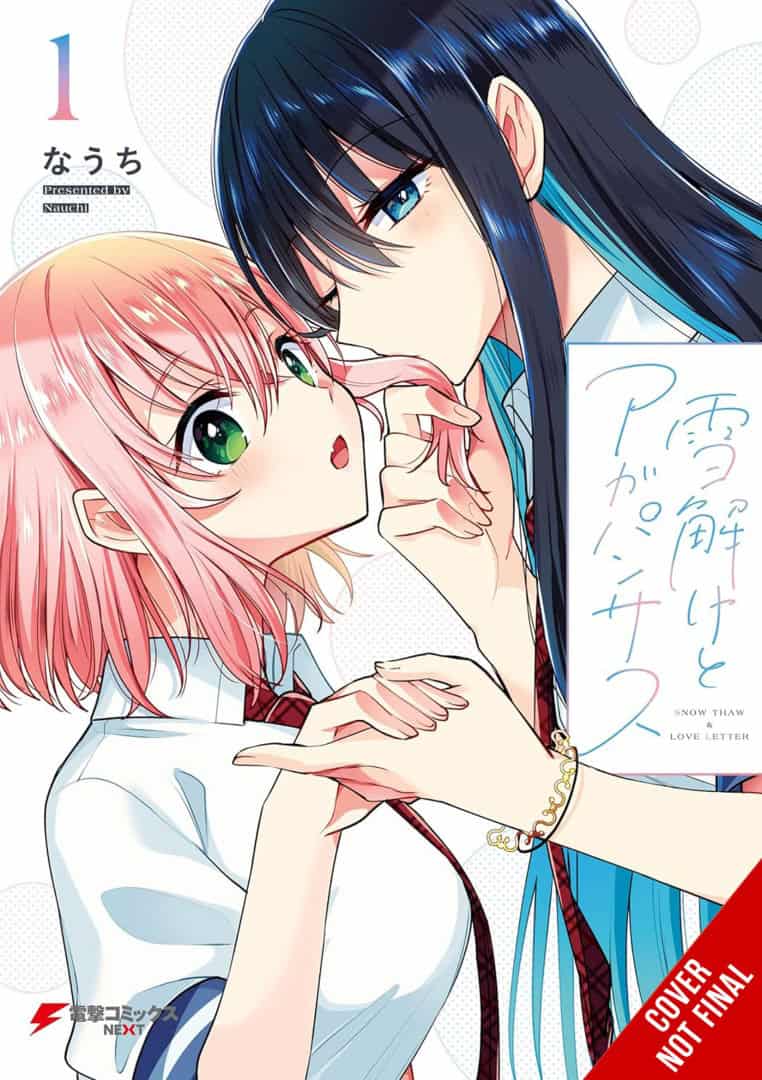 Snowmelt and Agapanthus Vol 1 CNF | The Outerhaven Cover of a manga volume showing a pink-haired girl and a tall dark-haired girl in school uniforms sharing a close, intimate moment as they lean toward a kiss. Volume 1 is indicated in the corner.