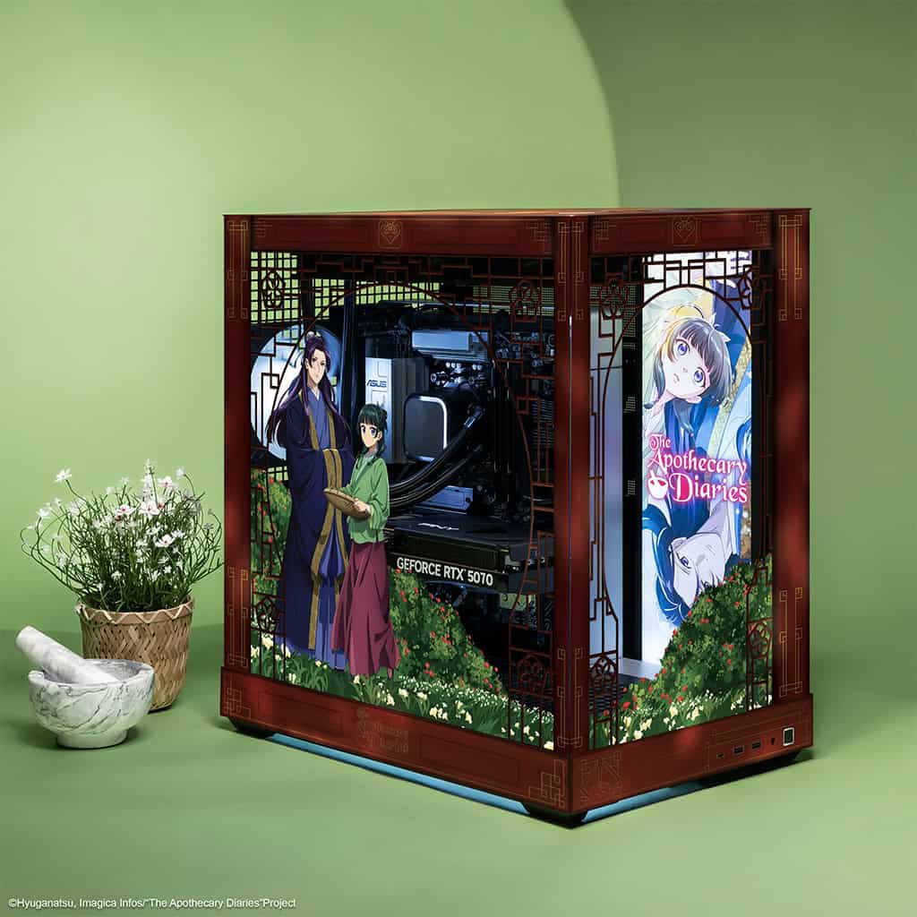 Starforge | The Outerhaven PC tower decorated with The Apothecary Diaries artwork; two anime characters stand beside a computer inside a wooden frame.
