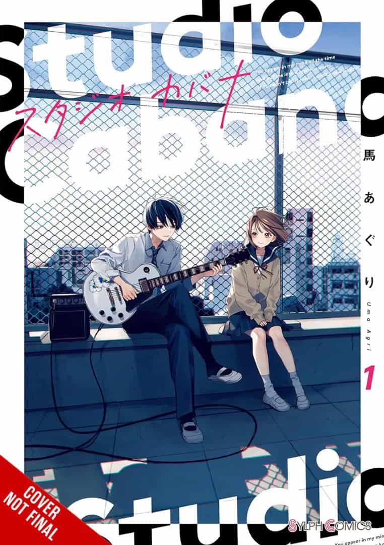 Studio Cabana Vol 1 CNF | The Outerhaven Manga cover showing a boy with a guitar and a girl in a school uniform sitting on a rooftop by a chain-link fence, with a city skyline behind and bold title text overlay.