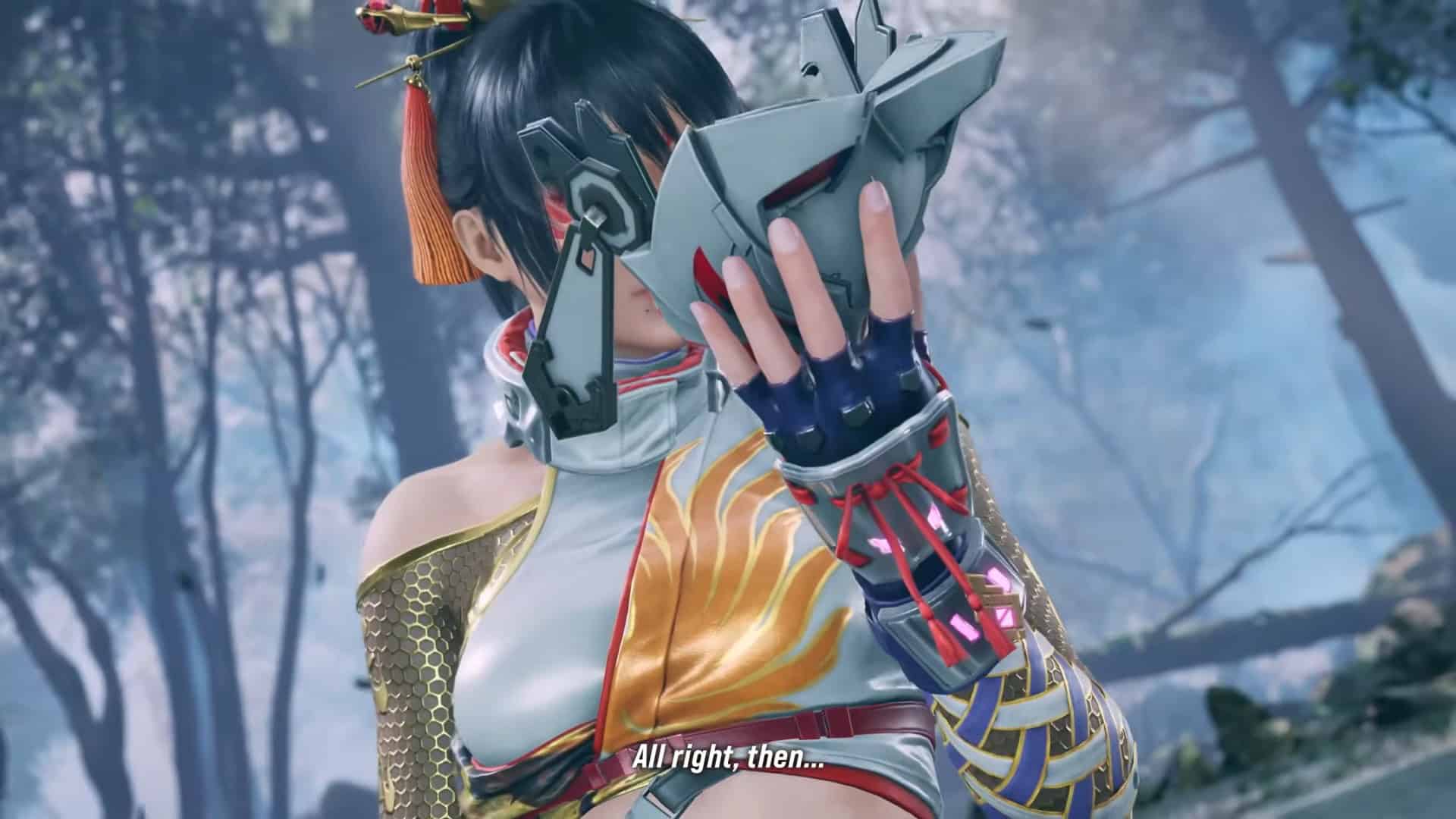 TEKKEN 8 Kunimitsu Gameplay Reveal Trailer 1-1 screenshot | The Outerhaven Character in ornate armor holds a futuristic helmet up to face, in a misty forest setting, preparing to speak.