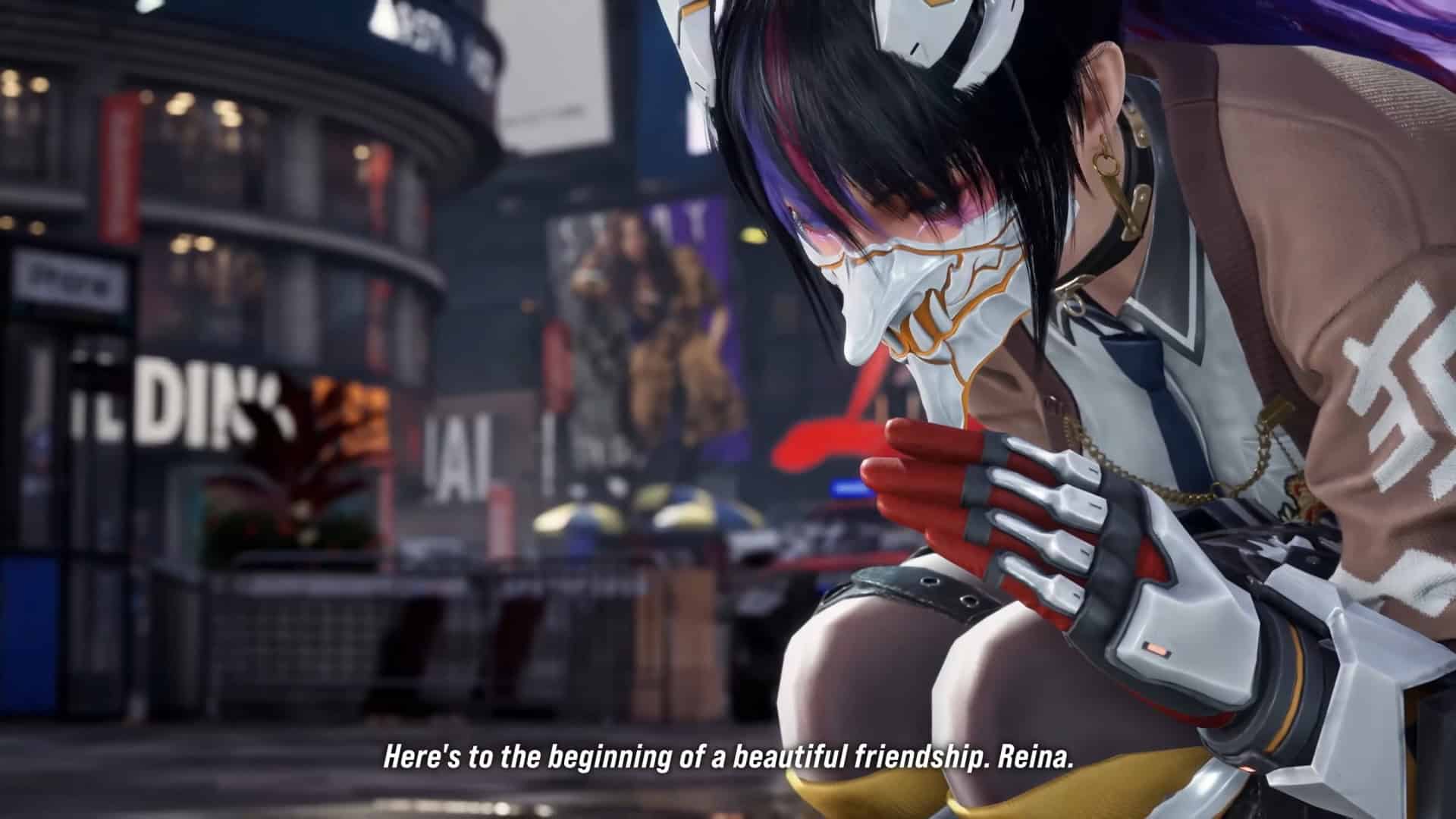 TEKKEN 8 Kunimitsu Gameplay Reveal Trailer 1-54 screenshot | The Outerhaven Cyberpunk character in a white and orange mask with red gloves crouches in a neon city square; caption reads, "Here's to the beginning of a beautiful friendship. Reina."